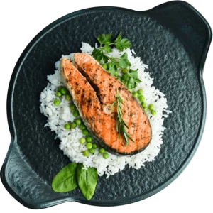 Salmão grelhado com arroz