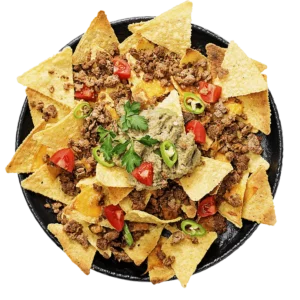 Nachos com cebola frita e queijo